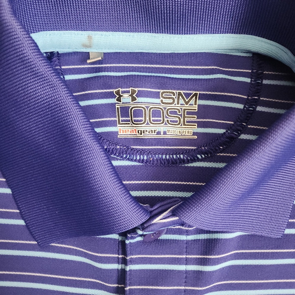 Under Armour Polo Shirt Mens Small Blue Striped Heatgear Loose Fit Short Sleeve - Picture 3 of 6